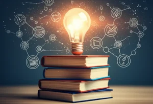 Cute-3D-illustration-of-stacked-books-with-a-glowing-lightbulb-and-interconnected-symbols,-representing-rediscovering-the-joy-and-purpose-of-learning.