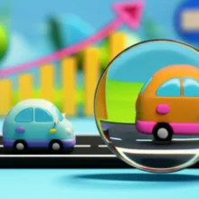 Cute-3D-scene-showing-a-road-accident-analysis-and-career-growth-symbols