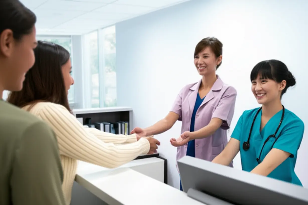 Illustration-of-diverse-patients-interacting-with-staff-at-a-hospital-front-desk.