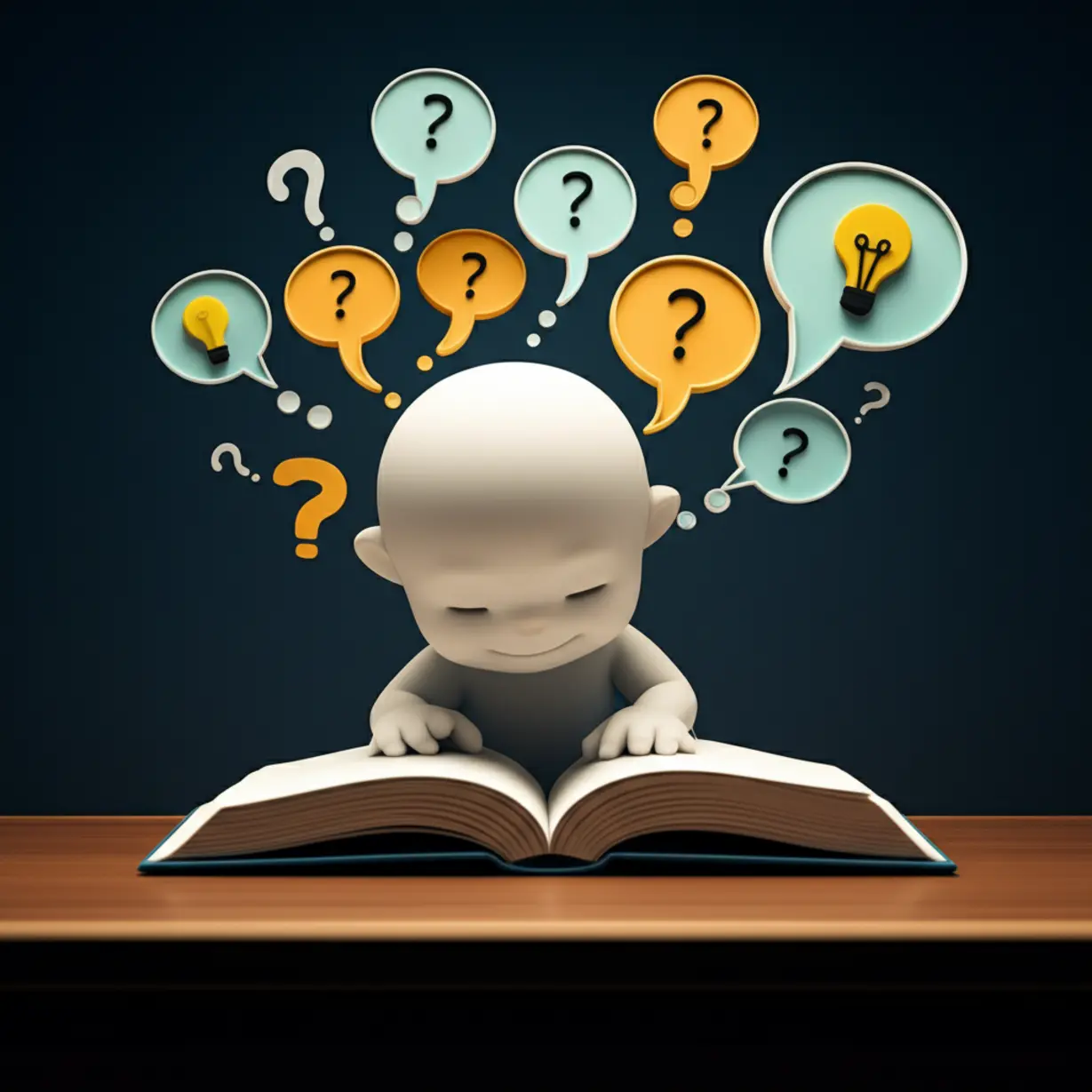 Cute-3D-character-sitting-at-a-desk-with-an-open-book,-surrounded-by-thought-bubbles-with-questions-and-ideas.