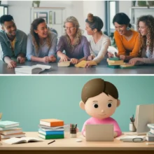 Cute-3D-illustration-showing-a-person-studying-for-a-social-worker-license-and-then-successfully-working-in-a-supportive-community-environment.