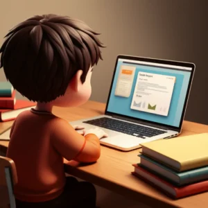 책상에-앉아-노트북-화면으로-성적표와-이메일-초안을-보는-학생의-3D-이미지