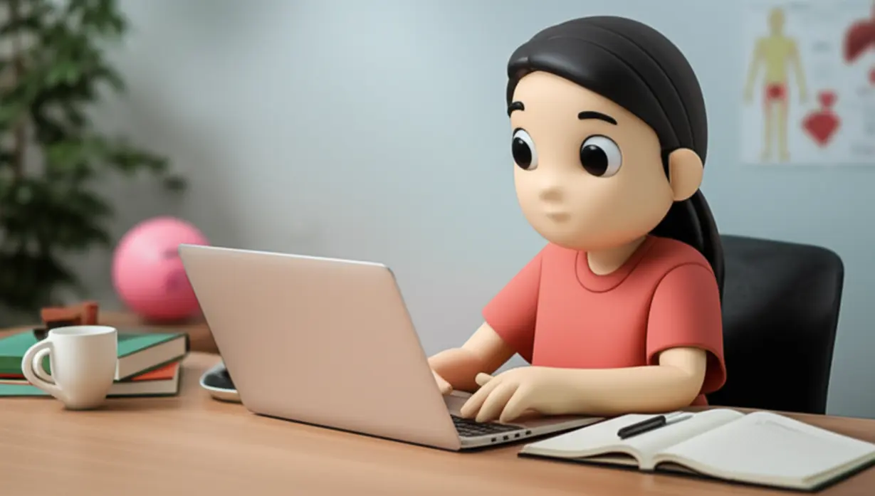 A-person-studying-online-for-a-health-management-certification,-with-books-and-a-laptop.