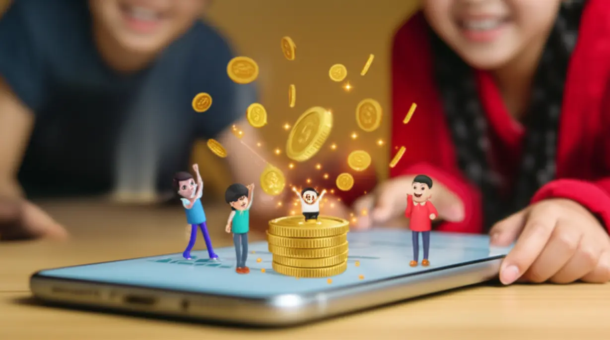 Coins-and-points-flowing-from-a-screen-with-happy-students.