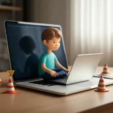 Cute-3D-illustration-of-someone-studying-online-for-a-school-safety-certificate-at-home.