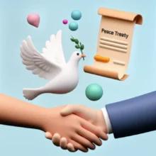평화를-상징하는-흰-비둘기,-올리브-가지,-악수하는-손,-평화협정-문서-등-귀여운-3D-이미지.