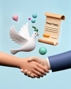 평화를-상징하는-흰-비둘기,-올리브-가지,-악수하는-손,-평화협정-문서-등-귀여운-3D-이미지.