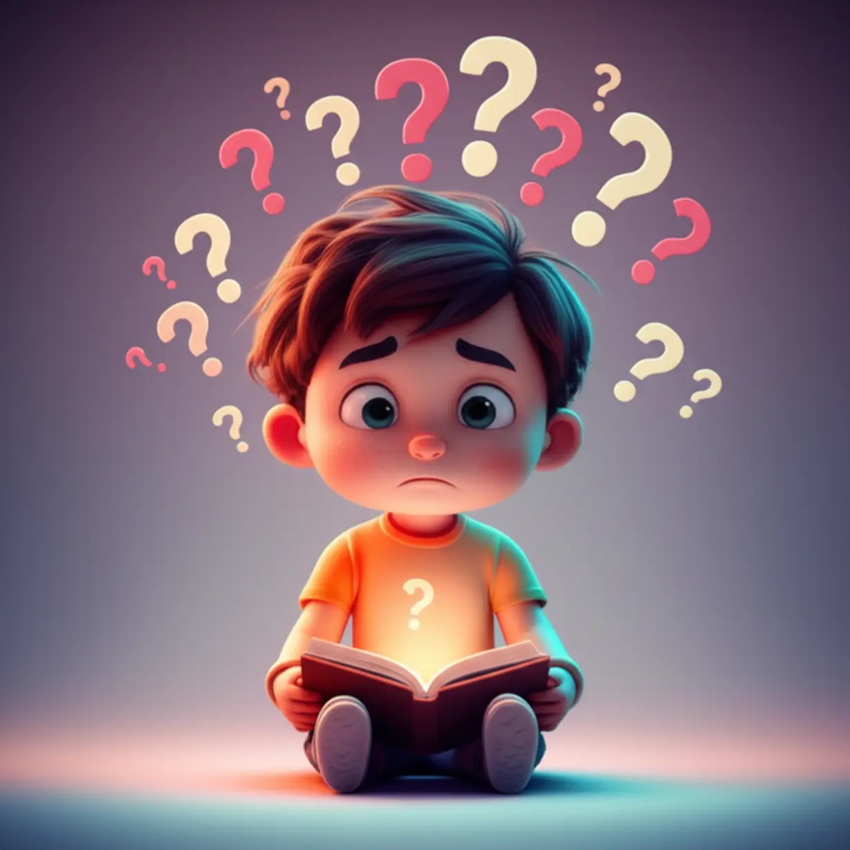 Cute-3D-teenage-character-looking-confused-with-question-marks,-holding-a-glowing-book.