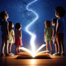 Diverse-group-of-teenagers-contemplating-their-future-under-a-starry-sky-with-a-path-emerging-from-a-book.