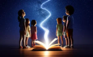 Diverse-group-of-teenagers-contemplating-their-future-under-a-starry-sky-with-a-path-emerging-from-a-book.