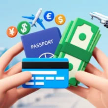 Various-payment-methods-for-overseas-travel,-including-cash,-debit-card,-and-credit-card,-against-a-travel-background.