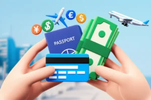 Various-payment-methods-for-overseas-travel,-including-cash,-debit-card,-and-credit-card,-against-a-travel-background.