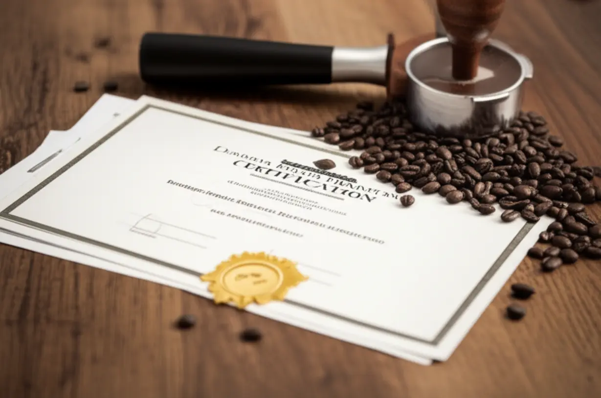 여러-종류의-바리스타-자격증이나-수료증이-커피-도구-옆에-놓여있는-이미지.