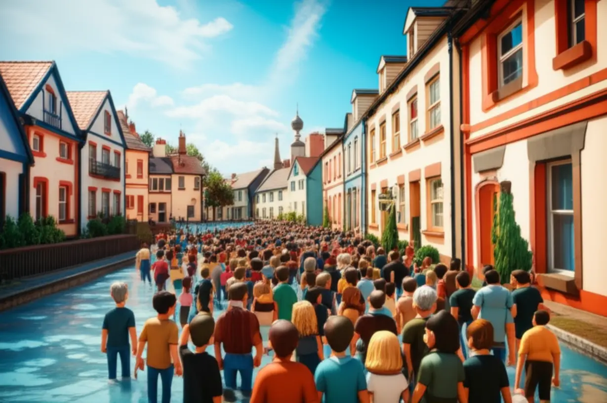 A-cute-3D-image-showing-a-small-town-being-overwhelmed-by-a-large-influx-of-tourists,-representing-the-meaning-of-overtourism.