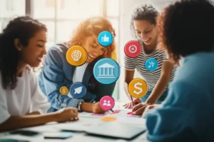 여러-명의-대학생들이-금융-및-마케팅-관련-프로젝트에-참여하여-활발하게-협력하는-모습