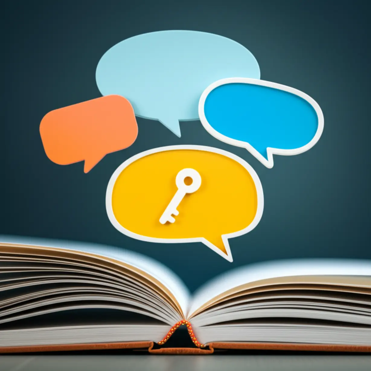 책에서-흘러나오는-말풍선-중-하나에-핵심-요소를-나타내는-기호가-있는-3D-이미지