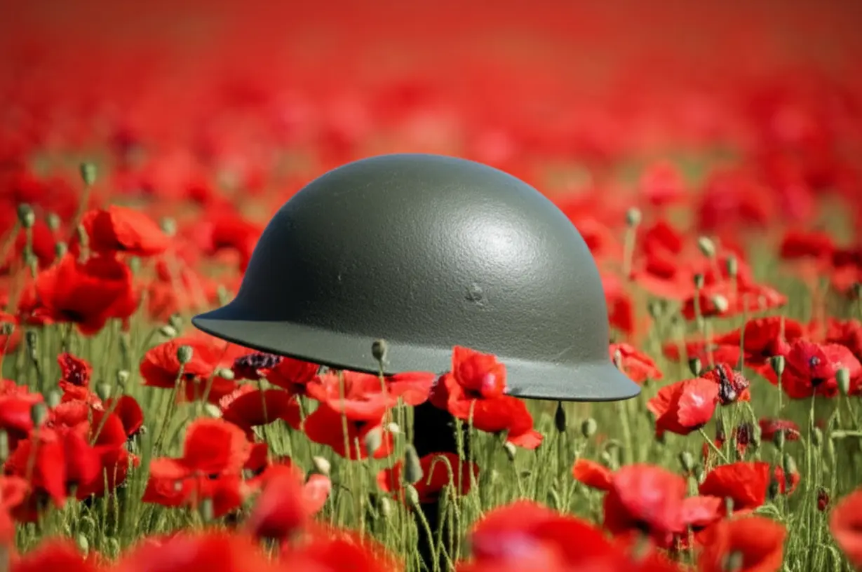 Soldier-helmet-poppies-remembrance-field