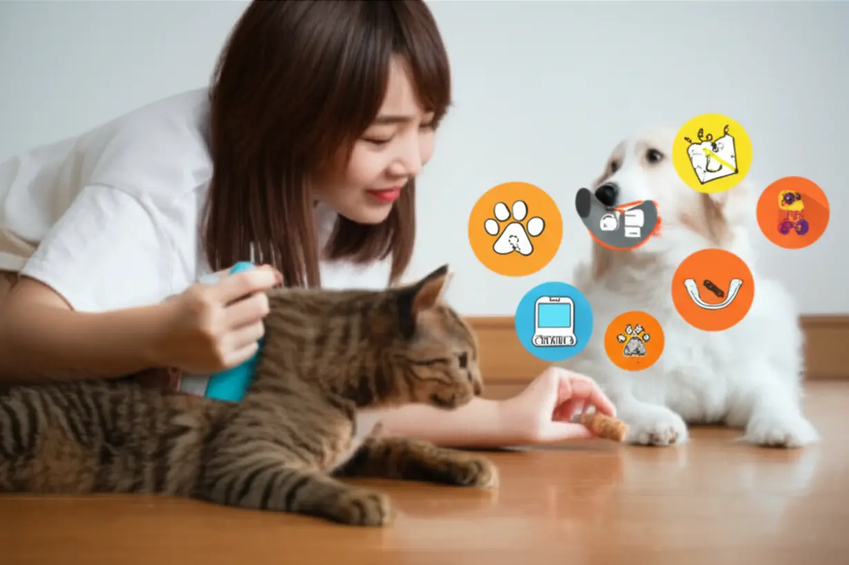 Cute-3D-illustration-showing-a-person-caring-for-a-cat-and-a-dog,-with-icons-for-pet-management.