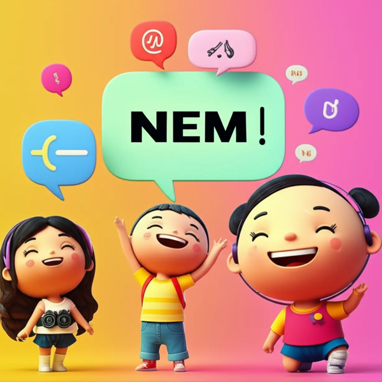 서로-소통하며-웃는-여러-캐릭터와-말풍선이-있는-귀여운-3D-이미지