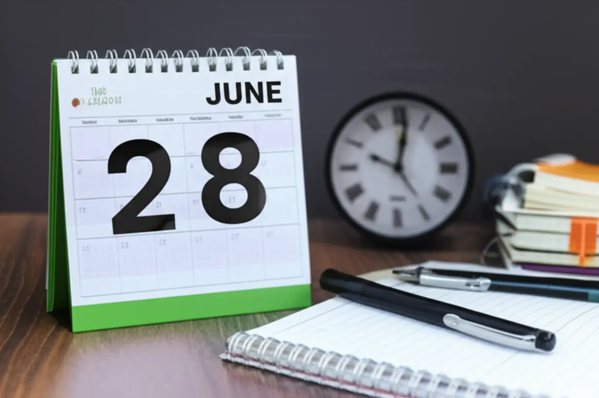 A-calendar-showing-the-dates-June-28-and-September-20,-2025,-next-to-study-supplies,-symbolizing-the-exam-schedule.