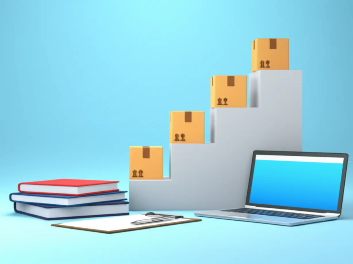 3D-illustration-showing-study-materials-and-a-rising-graph-symbolizing-career-growth-for-a-surveyor.