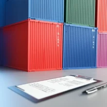 3D-illustration-of-cargo-containers-and-surveying-tools-like-a-clipboard-and-pen.