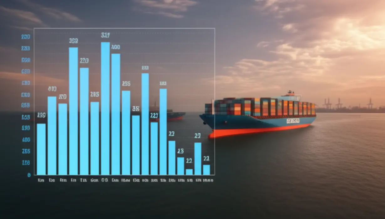 3D-illustration-of-a-bar-chart-or-graph-representing-exam-pass-rates-against-a-cargo-background.