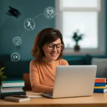 A-3D-illustration-of-a-person-in-their-40s-studying-for-a-social-worker-license-online,-showing-determination-and-the-path-to-a-new-career.