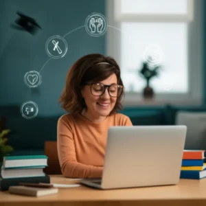 A-3D-illustration-of-a-person-in-their-40s-studying-for-a-social-worker-license-online,-showing-determination-and-the-path-to-a-new-career.