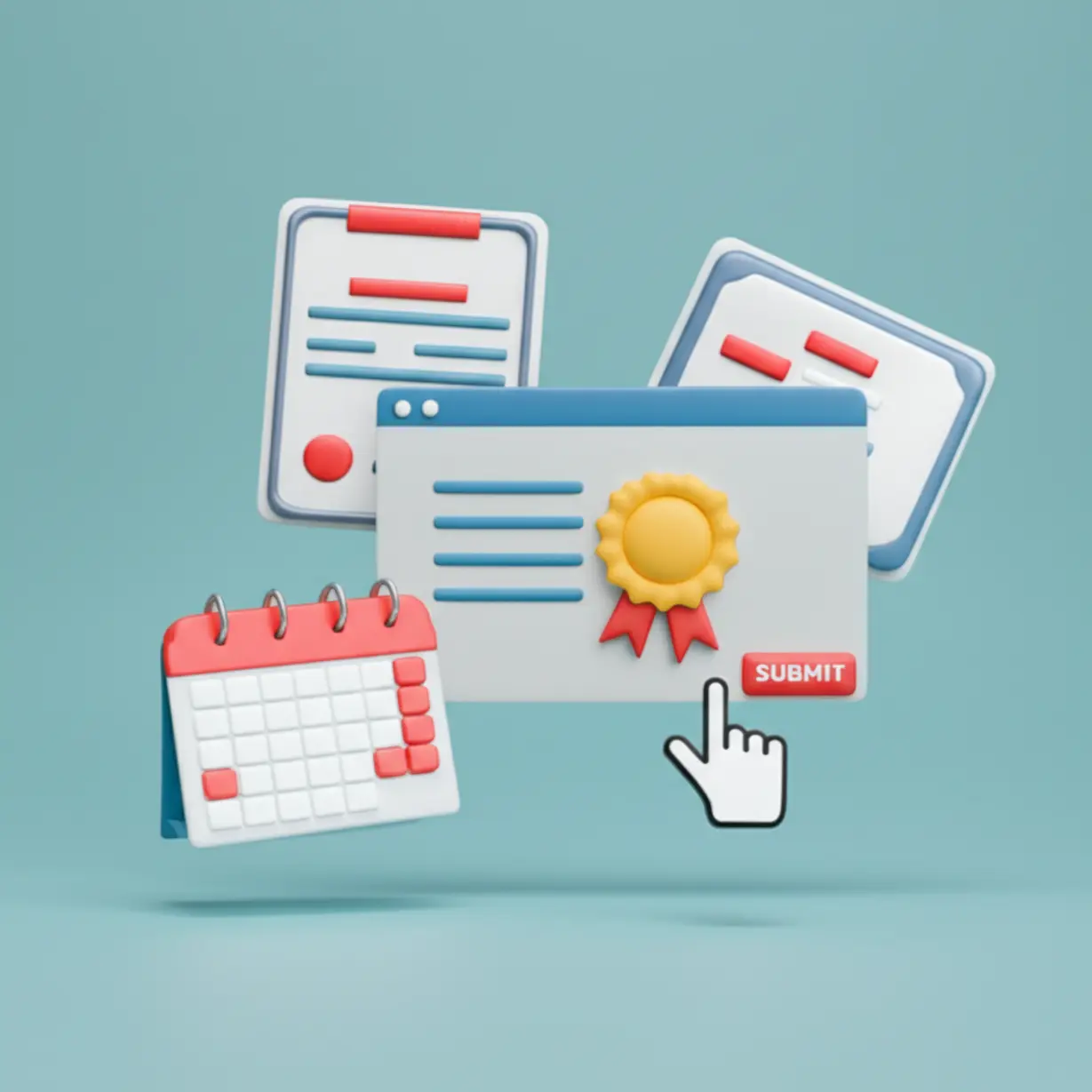A-3D-illustration-showing-documents,-a-license,-a-calendar,-and-a-computer-mouse,-representing-the-administrative-steps-for-license-application.