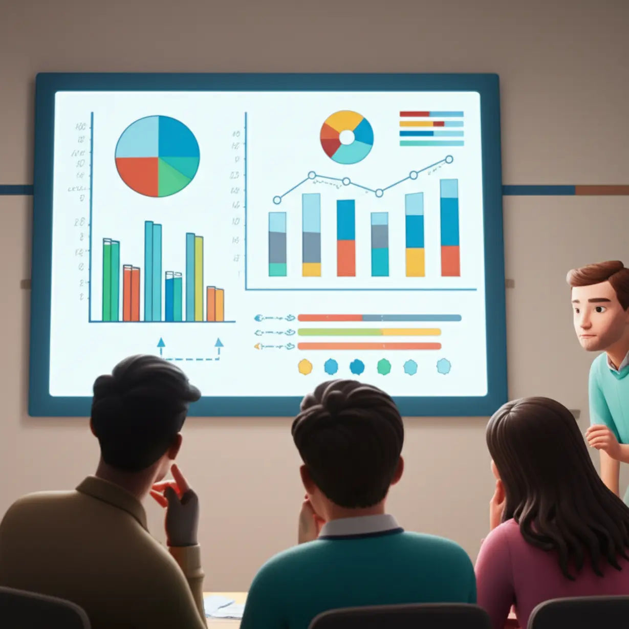 A-3D-illustration-of-students-analyzing-graphs-and-charts-showing-admission-results.