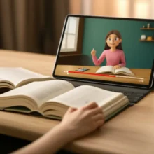 A-cute-3D-rendering-of-an-adult-learning-English-at-home-with-a-book-and-tablet.
