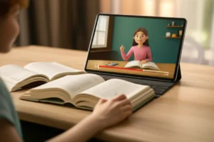 A-cute-3D-rendering-of-an-adult-learning-English-at-home-with-a-book-and-tablet.