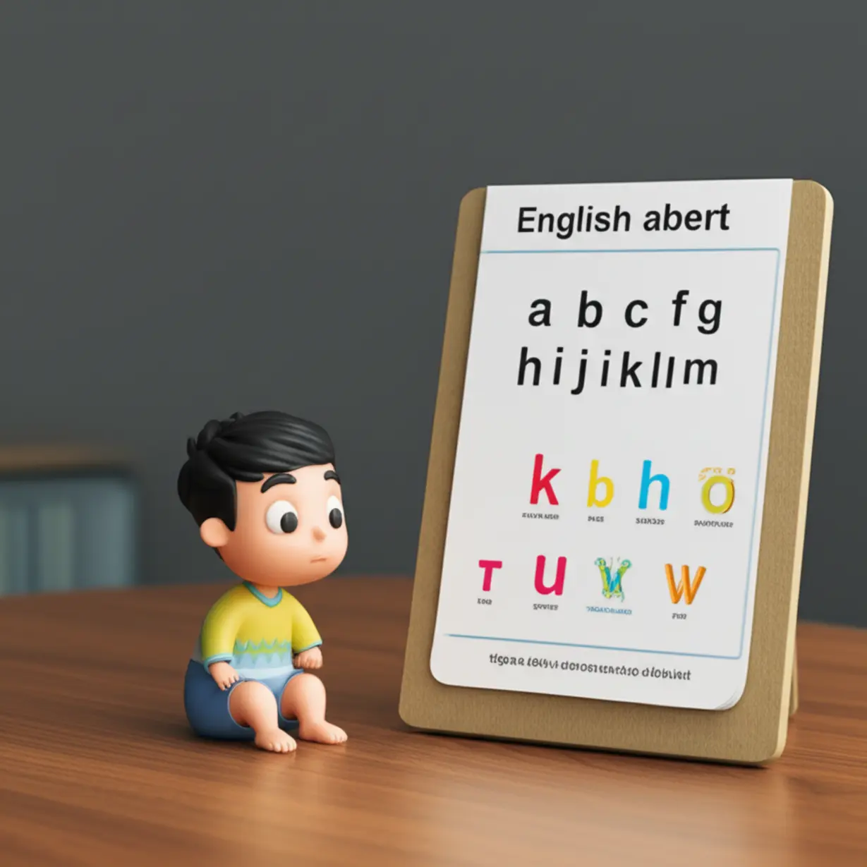 A-cute-3D-rendering-showing-an-adult-looking-uncertainly-at-an-English-alphabet-chart,-symbolizing-the-hesitation-to-start-learning.