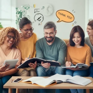 다양한-연령대의-성인들이-편안한-집에서-영어-학습지를-펼쳐놓고-즐겁게-영어-공부를-하는-모습.-밝고-아늑한-분위기에서-자기-주도-학습을-하는-모습이-담겨-있습니다.