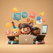 Illustration-of-diverse-people-happily-learning-English-online-with-symbols-of-progress-and-value.