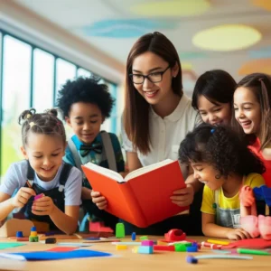 After-school-teacher-helping-children-with-activities-in-a-cheerful-classroom,-symbolizing-education-and-growth.