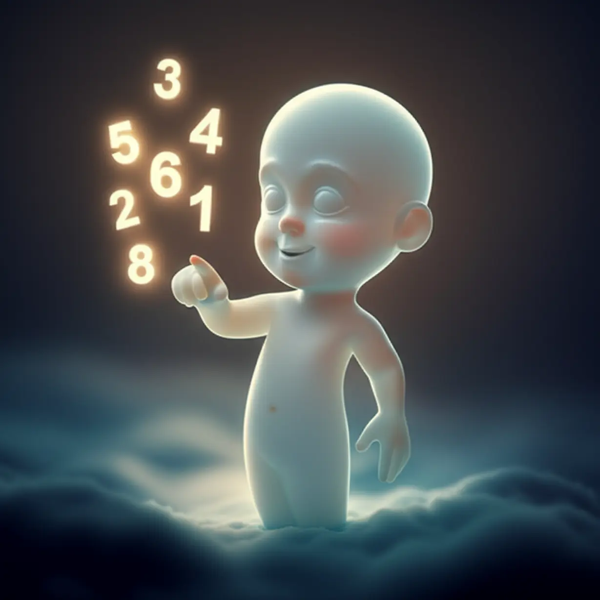 현명하고-자애로운-영혼이-빛나는-숫자들을-가리키는-3D-이미지,-고요하고-평화로운-꿈-속-풍경