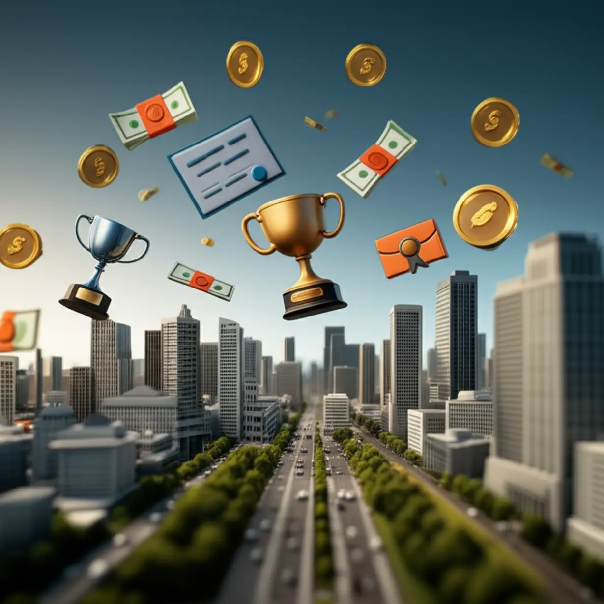 Awards,-scholarships,-and-exhibition-symbols-over-a-city-model.