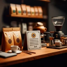 Illustrated-scene-depicting-coffee-items-and-a-license-icon-on-a-cafe-counter.