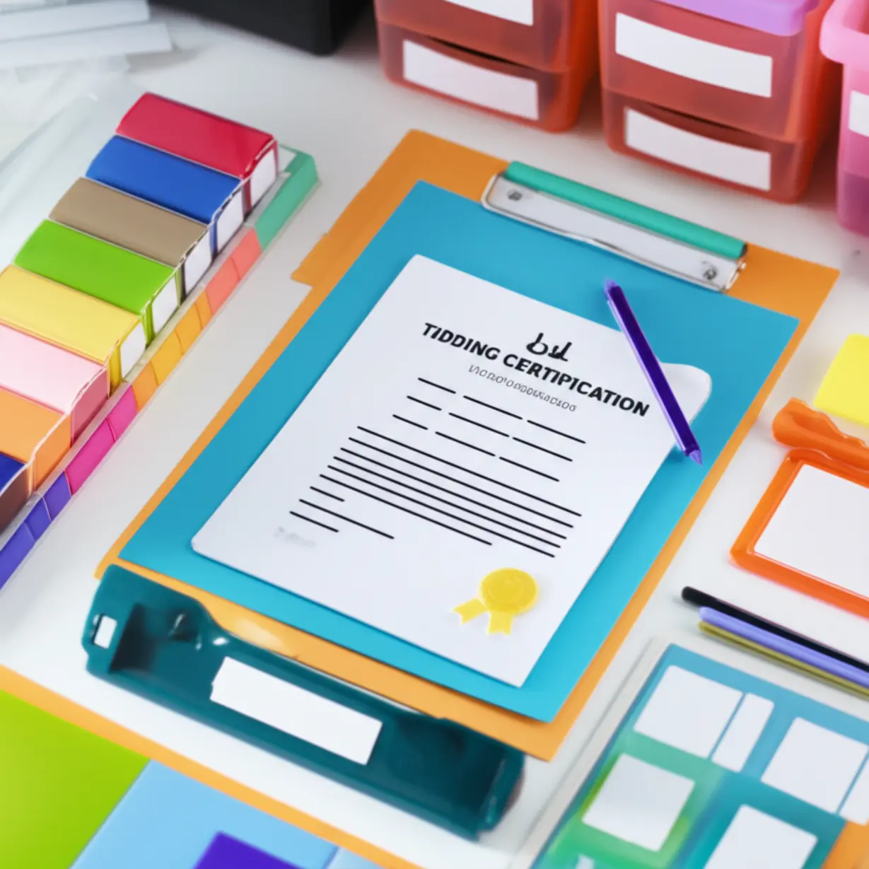 A-cute-3D-render-of-a-tidying-certification-placed-alongside-various-organizing-tools,-representing-the-completion-of-the-course-and-readiness-for-professional-work.