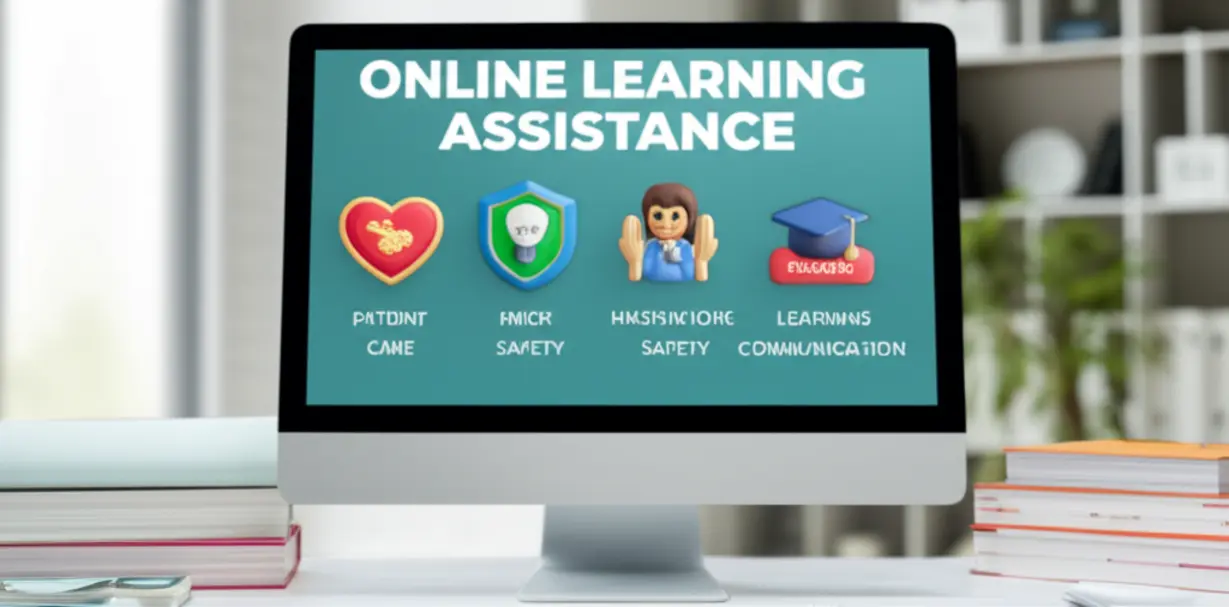 병원동행매니저-자격증-온라인-교육-과정을-보여주는-그림.-컴퓨터-화면에-강의-내용과-학습-자료가-보임.