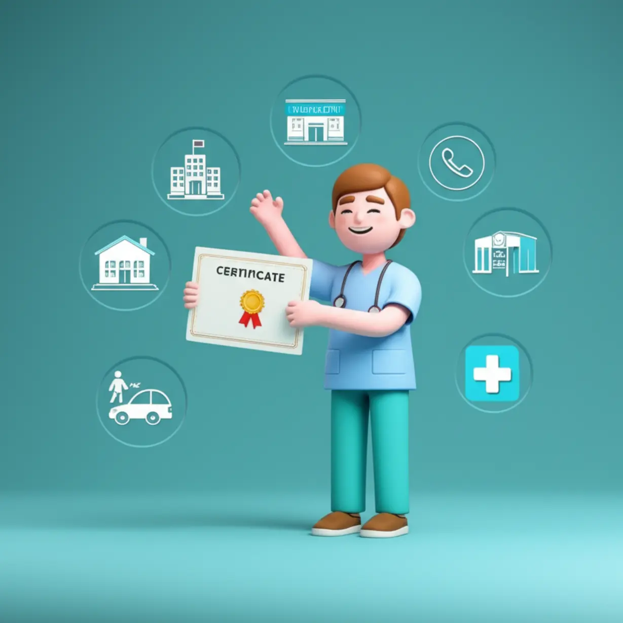 병원동행매니저-자격증-시험-합격과-다양한-취업-분야(요양원,-복지관,-방문요양-등)를-상징하는-아이콘-그림.-자격증-취득을-축하하는-모습.