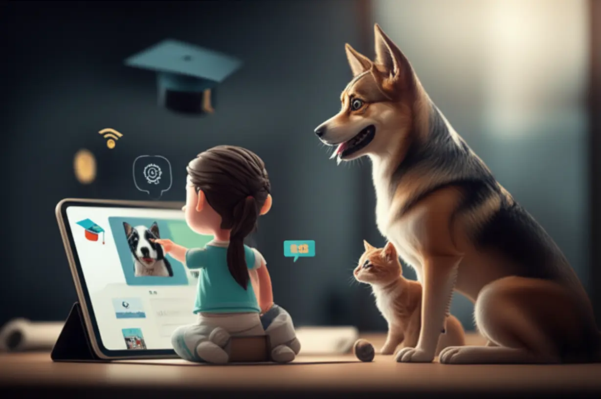 A-cute-3D-image-depicting-the-online-learning-process-for-pet-funeral-director-certification,-with-a-character-studying-and-a-pet-nearby.