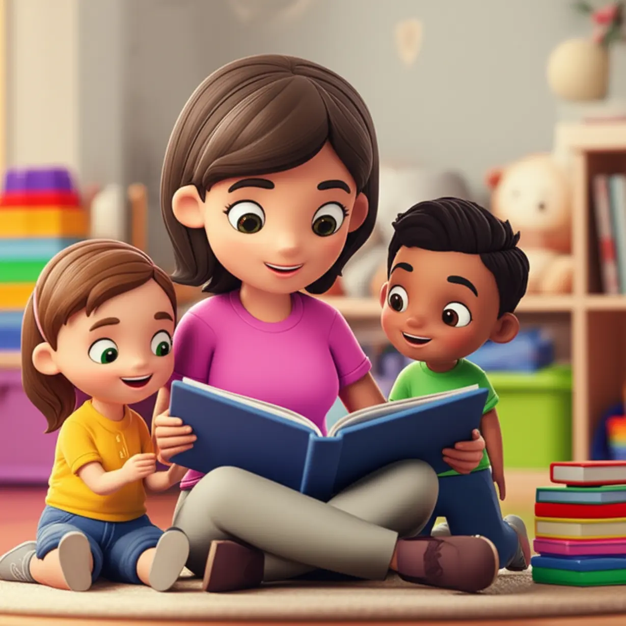 A-3D-illustration-of-an-adult-reading-to-children,-symbolizing-the-nurturing-role-of-a-childcare-helper.