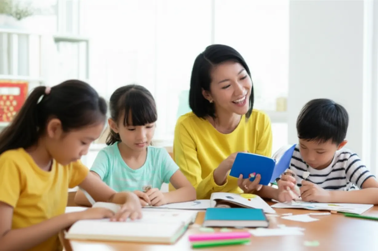 Children-reading-and-doing-crafts-with-an-adult-watching.