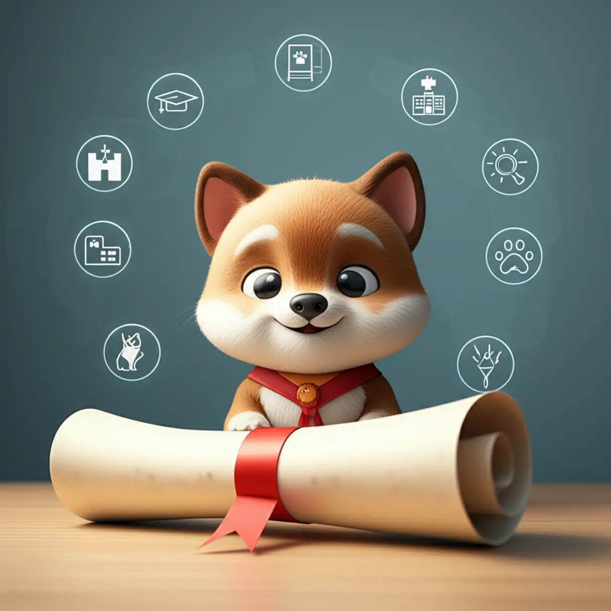 A-cute-3D-image-depicting-the-process-of-choosing-a-training-institution-for-pet-funeral-directors,-with-a-character-examining-a-certificate-and-symbols-of-job-opportunities.