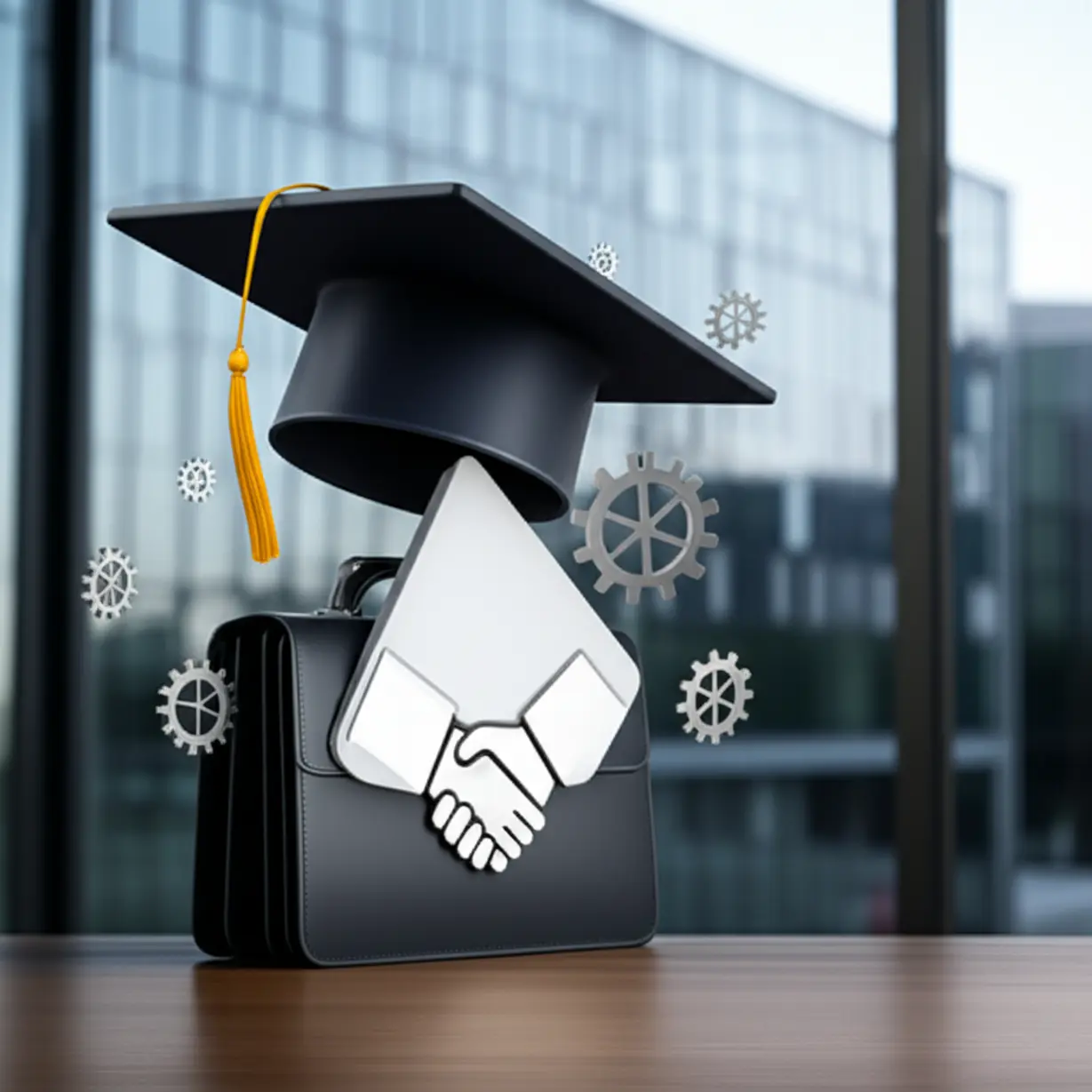 졸업-모자가-서류-가방으로-변하는-모습과-톱니바퀴,-악수-아이콘이-떠다니는-이미지.-교육과-취업의-직접적인-연결을-상징한다.