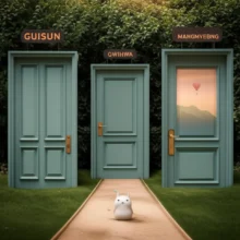 A-cute-3D-illustration-showing-three-different-stylized-pathways-or-doors-representing-the-concepts-of-Guisun,-Gwihwa,-and-Mangmyeong.