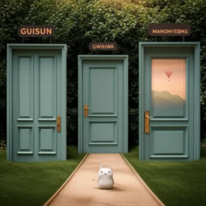 A-cute-3D-illustration-showing-three-different-stylized-pathways-or-doors-representing-the-concepts-of-Guisun,-Gwihwa,-and-Mangmyeong.